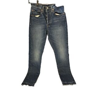 LEVI'S Premium 501 90s Jeans Big E Blue Denim Button Fly Size 26x28 Raw Hem‎